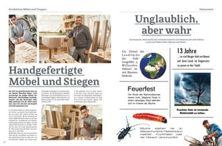 26 27
Der Duft von geschnittenem Holz, ein
von Spänen übersäter Boden. Licht
durchdringt die großen Räume der
Werkstatt. Gleichmäßige Schleifge-
räusche und das Anspringen einer
Säge wechseln sich ab. Sofort spürt
man, dass hier mit sehr viel Sorgfalt
und Liebe gearbeitet wird.
In Toni Huber haben wir einen kompeten-
ten Partner und guten Freund gefunden,
der uns schon seit Jahren mit Rat und
Tat zur Seite steht. Bei der Gründung der
Parkett-AGENTUR GmbH hatten wir die Idee,
Stiegentritte, Sockelleisten und Treppen-
kantenprofile passend zum Boden, aus dem
selben Parkettmaterial zu fertigen. Sofort
war klar, dass Toni unser Ansprechpartner
für diese anspruchsvolle Arbeit sein wird.
Das war im Jahr 2007.
Mittlerweile haben wir mit ihm und seinem
Team den Bau von Möbeln aus Parkett so-
weit perfektioniert, dass wir neben Ess- und
Couchtischen, Bänken und Lampen auch
Handgefertigte
Möbel und Stiegen
Produktion Möbel und Treppen
1 "Wo gehobelt wird, da fallen Späne"
2 Seit fast einem Jahrzehnt steht uns
Toni Huber als verlässlicher Ansprechpart-
ner in Sachen Tischlerarbeiten zur Seite
3 Ein Fuß für den Esstisch "Mensa" wird
nochmal ganz genau begutachtet
individuelle Fertigungen aus Parkett anbie-
ten können. Von Arbeitsplatten, Wandab-
deckungen und Fensterbänken bis hin zu
aufwendigen Regalen, Waschtischen und
Betten machen wir mit seiner Hilfe Kunden-
wünsche wahr.
1 2
3
Faktastisch
Die Rinde des Mammutbaumes
brennt nicht. Mögliche Feuer in
einem derartigen Wald befinden
sich im Inneren der Bäume.
Bäume sterben nie an
Altersschwäche.Meistenssind
Insekten, Krankheiten oder
der Mensch verantwortlich.
...soviellängerlebteinBaum
auf dem Land, im Gegensatz
zu jenen in der Stadt.
Feuchtes Holz ist imstande
Elektrizität zu leiten.
Unglaublich,
aber wahr
Interessante, überraschende, bemerkenswerte und teilweise skurrile Fakten
rund ums Thema Holz, Bäume und Wald ...
Feuerfest
Ein Drittel der
L andf läche
der Erde
(ungefähr 4
Milliarden
Hektar) ist
mit Bäumen
bedeckt.
13 Jahre
 