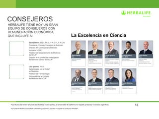 14 
CONSEJEROS 
HERBALIFE TIENE HOY UN GRAN 
EQUIPO DE CONSEJEROS CON 
REMUNERACIÓN ECONÓMICA, 
QUE INCLUYE A: La Excelencia en Ciencia 
David Heber, M.D., Ph.D., F.A.C.P., F.A.C.N. 
Presidente, Consejo Consultor de Nutrición 
Director del Centro para la Nutrición 
Humana, UCLA* 
Profesor del Departamento de Medicina 
de UCLA* 
Director de la Unidad de Investigación 
de Nutrición Clínica de UCLA* 
Lou Ignarro, Ph.D. 
Galardonado con el Nobel† 
en Medicina 
Profesor de Farmacología 
Distinguido de la Escuela 
de Medicina de UCLA* 
*Los títulos sólo tienen la función de identificar. Como política, la Universidad de California no respalda productos ni servicios específicos. 
†La Fundación Nobel no está afiliada a Herbalife y no examina, aprueba ni respalda los productos Herbalife®. 
 