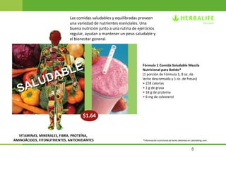 8 
Las comidas saludables y equilibradas proveen 
una variedad de nutrientes esenciales. Una 
buena nutrición junto a una rutina de ejercicios 
regular, ayudan a mantener un peso saludable y 
el bienestar general. 
Fórmula 1 Comida Saludable Mezcla 
Nutricional para Batido* 
(1 porción de Fórmula 1, 8 oz. de 
leche descremada y 1 oz. de fresas) 
• 228 calorías 
• 1 g de grasa 
• 18 g de proteína 
• 6 mg de colesterol 
SALUDABLE 
$$11..6644 
VITAMINAS, MINERALES, FIBRA, PROTEÍNA, 
AMINOÁCIDOS, FITONUTRIENTES, ANTIOXIDANTES *Información nutricional de leche obtenida en calorieking.com. 
 