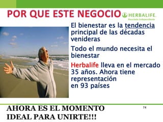 74
El bienestar es la tendencia
principal de las décadas
venideras
Todo el mundo necesita el
bienestar
Herbalife lleva en el mercado
35 años. Ahora tiene
representación
en 93 países
AHORA ES EL MOMENTO
IDEAL PARA UNIRTE!!!
 