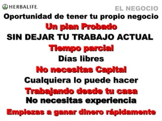 Oportunidad de tener tu propio negocio Un plan Probado SIN DEJAR TU TRABAJO ACTUAL   Tiempo   parcial Días libres No necesitas Capital Cualquiera lo puede hacer Trabajando desde tu casa No necesitas experiencia Empiezas a ganar dinero rápidamente EL NEGOCIO 
