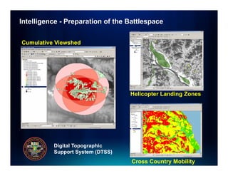 Intelligence - Preparation of the Battlespace


Cumulative Viewshed




                                  Helicopter Landing Zones




          Digital Topographic
          Support System (DTSS)
                                   Cross Country Mobility
 