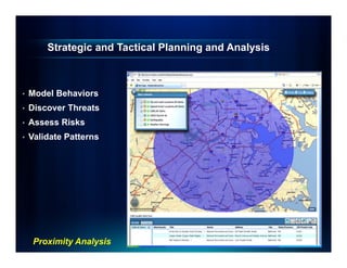 Strategic and Tactical Planning and Analysis



•   Model Behaviors
•   Discover Threats
•   Assess Risks
•   Validate Patterns




     Proximity Analysis
 