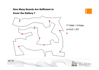 How Many Guards Are Sufficient to
     Cover the Gallery ?




                                         71 Walls + 0 Holes
                                         (n+h)/3 = 23?
                                         9




25/ 25
 