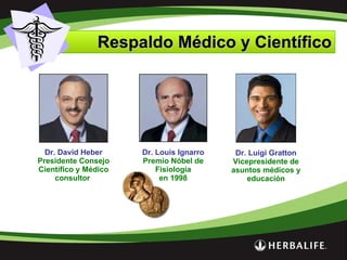 Respaldo Médico y Científico Dr. David Heber Presidente Consejo Científico y Médico consultor  Dr. Luigi Gratton Vicepresidente de asuntos médicos y educación Dr. Louis Ignarro Premio Nóbel de Fisiología en 1998 