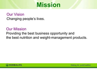 Our Vision Changing people’s lives. Our Mission Providing the best business opportunity and  the best nutrition and weight-management products. Mission 