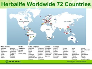 Asia Pacific Australia Malaysia China New Zealand Hong Kong Philippines India Singapore Japan Taiwan Korea Thailand Macau  Vietnam Europe Austria  Finland  Israel Russia Belgium  France  Italy Slovak Republic Croatia  Germany  Latvia Spain Cyprus  Greece  Lithuania Sweden Czech Republic  Hungary Netherlands Switzerland Denmark  Iceland Poland Turkey Estonia  Ireland Portugal Ukraine Romania United Kingdom Africa Botswana Lesotho Namibia South Africa Swaziland Zambia Latin America Argentina El Salvador Bolivia Guatemala Brazil Honduras Chile Jamaica Colombia Panama Costa Rica Peru Dominican Rep  Paraguay Ecuador Venezuela North America Canada Mexico United States Herbalife Worldwide 72 Countries 