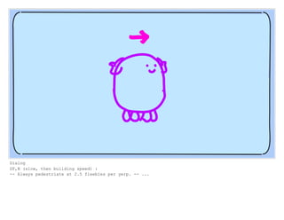 Dialog
SF,N (slow, then building speed) :
-- Always pedestriate at 2.5 fleebles per yerp. -- ...
 