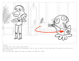 Dialog
(talking over each other very fast!)
Tip: What are we gonna do? Everyone's out to get us and it's all my fault! We gotta fix this but I
don't know how
Oh: Hot dogs hot dogs hot dogs hot dogs hot dogs hot dogs!
.
 
