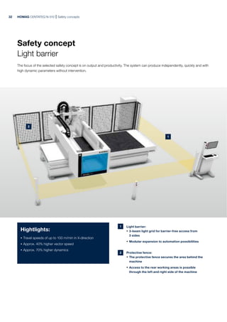 HOMAG CENTATEQ N-510 Safety concepts
Safety concept
Light barrier
The focus of the selected safety concept is on output and productivity. The system can produce independently, quickly and with
high dynamic parameters without intervention.
1 Light barrier:
· 3-beam light grid for barrier-free access from
3 sides
· Modular expansion to automation possibilities
2 Protective fence:
· The protective fence secures the area behind the
machine
· Access to the rear working areas is possible
through the left and right side of the machine
Hightlights:
· Travel speeds of up to 100 m/min in X-direction
· Approx. 40% higher vector speed
· Approx. 70% higher dynamics
32
2
1
 