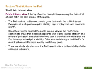 © 2012 Pearson Education, Inc. Publishing as Prentice Hall 28 of 43
The Public Interest View
How the Fed Operates
Factors ...