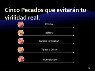 Cinco Pecados que evitarán tu virilidad real.121Codicia2Idolatría3Porneia-fornicación4Tentar a Cristo5Murmuración
