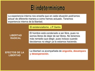 El indeterminismo La experiencia interna nos enseña que en cada situación podríamos actuar de diferente manera a como hemos actuado. Tenemos experiencia interna de la libertad. El hombre está condenado a ser libre, pues no somos libres de dejar de ser libres. No tenemos más remedio que elegir, pues incluso cuando decidamos no elegir ya lo estamos haciendo. El existencialismo. J.P.Sartre LIBERTAD RADICAL La libertad va acompañada de  angustia, desamparo y desesperación. EFECTOS DE LA LIBERTAD 