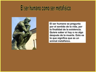El ser humano como ser metafísico El ser humano se pregunta por el sentido de la vida, por la finalidad de la existencia. Quiere saber si hay o no algo después de la muerte. Esto es lo que significa que es un animal metafísico. 