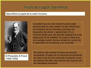 Filósofos de la sospecha: Sigmund Freud Desmitificó el papel de la razón humana. Consideró que la vida mental humana está estructurada en tres niveles: El ello infantil que se compone de los impulsos primarios de búsqueda del placer y agresividad. El yo racional adulto que nos permite adaptarnos a las exigencias de la realidad. El superyo ideal que nos castiga cuando hemos obrado en contra de lo aprendido en la infancia y en la familia. No toda la vida mental humana es racional consciente. El peso de lo irracional inconsciente es mayor que el de lo racional consciente, pues los deseos del ello y las normas del superyo son de naturaleza irracional El Psiquiatra S.Freud (1856-1939) 