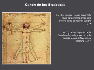 <<(...) la cabeza, desde la barbilla
hasta su coronilla, mide una
octava parte de todo el cuerpo
(...)>>
<<(...) desde la punta de la
barbilla a la parte superior de la
cabeza es un octavo de su
estatura (...)>>
Canon de las 8 cabezas
 
