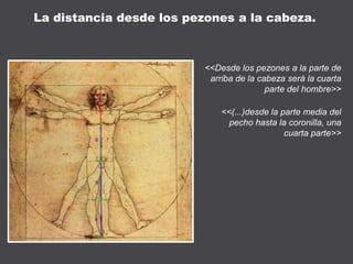 <<Desde los pezones a la parte de
arriba de la cabeza será la cuarta
parte del hombre>>
<<(...)desde la parte media del
pecho hasta la coronilla, una
cuarta parte>>
La distancia desde los pezones a la cabeza.
 