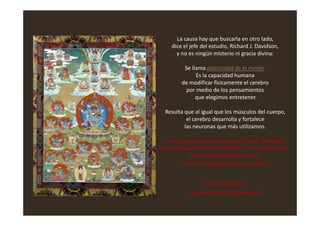 La causa hay que buscarla en otro lado,
dice el jefe del estudio, Richard J. Davidson,
y no es ningún misterio ni gracia divina:
Se llama plasticidad de la mente.
Es la capacidad humana
de modificar físicamente el cerebro
por medio de los pensamientos
que elegimos entretener.
Resulta que al igual que los músculos del cuerpo,Resulta que al igual que los músculos del cuerpo,
el cerebro desarrolla y fortalece
las neuronas que más utilizamos.
A más pensamientos negativos, mayor actividadA más pensamientos negativos, mayor actividad
en elen el córtexcórtex derecho del cerebro y en consecuencia,derecho del cerebro y en consecuencia,
mayor ansiedad, depresión,mayor ansiedad, depresión,
envidia y hostilidad hacia los demás.envidia y hostilidad hacia los demás.
En otras palabras:En otras palabras:
más infelicidad autogenerada.más infelicidad autogenerada.
 