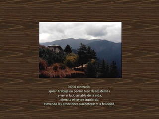 Por el contrario,  quien trabaja en  pensar bien  de los demás y  ver el lado amable  de la vida, ejercita el córtex izquierdo, elevando las emociones placenteras y la felicidad.  