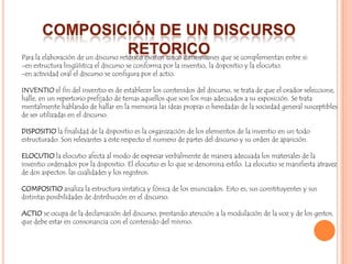 Composición de un discurso retoricoPara la elaboración de un discurso retorico existen cinco dimensiones que se complementan entre si:-en estructura lingüística el discurso se conforma por la inventio, la dispositio y la elocutio.-en actividad oral el discurso se configura por el actio.INVENTIO el fin del inventio es de establecer los contenidos del discurso, se trata de que el orador seleccione, halle, en un repertorio prefijado de temas aquellos que son los mas adecuados a su exposición. Se trata mentalmente hablando de hallar en la memoria las ideas propias o heredadas de la sociedad general susceptibles de ser utilizadas en el discurso. DISPOSITIO la finalidad de la dispositio es la organización de los elementos de la inventio en un todo estructurado. Son relevantes a este respecto el numero de partes del discurso y su orden de aparición.ELOCUTIO la elocutio afecta al modo de expresar verbalmente de manera adecuada los materiales de la inventio ordenados por la dispositio. El elocutio es lo que se denomina estilo. La elocutio se manifiesta atravez de dos aspectos: las cualidades y los registros.COMPOSITIO analiza la estructura sintatica y fónica de los enunciados. Esto es, sus constituyentes y sus distintas posibilidades de distribución en el discurso.ACTIO se ocupa de la declamación del discurso, prestando atención a la modulación de la voz y de los gestos, que debe estar en consonancia con el contenido del mismo.