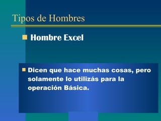 Tipos de Hombres Hombre  Excel Dicen que hace muchas cosas, pero solamente lo utilizás para la operación Básica . 