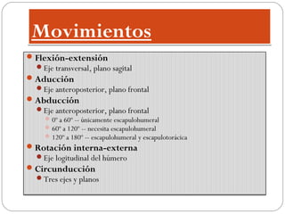 Movimientos
Movimientos
Flexión-extensión
Eje transversal, plano sagital
Aducción
Eje anteroposterior, plano frontal
Abducción
Eje anteroposterior, plano frontal
0º a 60º -- únicamente escapulohumeral
60º a 120º -- necesita escapulohumeral
120º a 180º -- escapulohumeral y escapulotorácica
Rotación interna-externa
Eje logitudinal del húmero
Circunducción
Tres ejes y planos
 