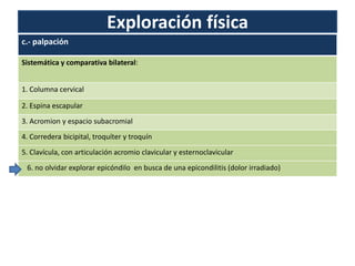 Exploración física
c.- palpación
Sistemática y comparativa bilateral:
1. Columna cervical
2. Espina escapular
3. Acromion y espacio subacromial
4. Corredera bicipital, troquíter y troquín
5. Clavícula, con articulación acromio clavicular y esternoclavicular
6. no olvidar explorar epicóndilo en busca de una epicondilitis (dolor irradiado)
 