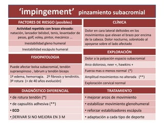 ‘impingement’ pinzamiento subacromial
CLÍNICA
Dolor en cara lateral deltoides en los
movimientos que elevan el brazo por encima
de la cabeza. Dolor nocturno, sobretodo al
apoyarse sobre el lado afectado
DIAGNÓSTICO DIFERENCIAL
• de rotura tendón (*)
• de capsulitis adhesiva (**)
• ECO
• DERIVAR SI NO MEJORA EN 3 M
FISIOPATOLOGIA
Puede afectar bolsa subacromial, tendón
supraespinoso , labrum y tendón biceps
1º edema, hemorragia. 2º fibrosis y tendinitis.
3º rotura (+ de 40 años evolución)
EXPLORACIÓN
Dolor a la palpación espacio subacromial
Arco doloroso, neer +, hawkins +
Fuerza mas o menos normal (*)
Amplitud movimientos no alterada (**)
Exploración cervical normal
FACTORES DE RIESGO (posibles)
Actividad repetida con brazo elevado:
natación, lanzador béisbol, tenis, levantador de
pesas, golf, voley, pintor, mecánico ...
Inestabilidad gleno humeral
Inestabilidad escápulo humeral
TRATAMIENTO
• mejorar arcos de movimiento
• estabilizar movimiento glenohumeral
• reforzar estabilizadores escápula
• adaptación a cada tipo de deporte
 