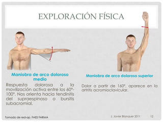 EXPLORACIÓN FÍSICA




  Maniobra de arco doloroso            Maniobra de arco doloroso superior
              medio
Respuesta     dolorosa    a     la   Dolor a partir de 160º, aparece en la
movilización activa entre los 60º-   artritis acromioclavicular.
100º. Nos orienta hacia tendinitis
del supraespinoso o bursitis
subacromial.


Tomado de red-ap. FAES FARMA                       J. Javier Blanquer 2011   12
 