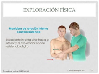 EXPLORACIÓN FÍSICA


      Maniobra de rotación interna
           contrarresistencia

  El paciente intenta girar hacia el
  interior y el explorador opone
  resistencia al giro.




Tomado de red-ap. FAES FARMA           J. Javier Blanquer 2011   30
 