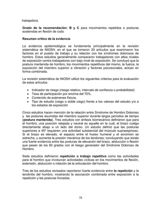 trabajadora.

Grado de la recomendación: B y C para movimientos repetidos o posturas
sostenidas en flexión de codo

Resumen crítico de la evidencia

La evidencia epidemiológica se fundamenta principalmente en la revisión
sistemática de NIOSH, en el que se tomaron 20 artículos que examinaron los
factores en el puesto de trabajo y su relación con los síndromes dolorosos de
hombro. Estos estudios generalmente compararon trabajadores con altos niveles
de exposición contra trabajadores con bajo nivel de exposición. Se concluyó que la
postura mantenida de hombro, los movimientos repetitivos del mismo, la fuerza, la
exposición del miembro superior a vibración y factores psicosociales, actúan en
forma combinada.

La revisión sistemática de NIOSH utilizó los siguientes criterios para la evaluación
de estos artículos:

   •   Indicador de riesgo (riesgo relativo, intervalo de confianza o probabilidad)
   •   Tasa de participación por encima del 70%.
   •   Contenido de exámenes físicos.
   •   Tipo de estudio (ciego o doble ciego) frente a los valores del estudio y/o a
       los estados de exposición

Cinco estudios hacen mención de la relación entre Síndrome de Hombro Doloroso
y las posturas asumidas del miembro superior durante largos períodos de tiempo
(postura mantenida). Tres estudios con énfasis biomecánico definieron que para
el hombro, una posición relajada y neutral es aquella en la cual, el brazo cuelga
directamente abajo a un lado del dorso. Un estudio definió que las posturas
superiores a 45º requieren una actividad substancial del músculo supraespinoso.
Si el brazo es elevado, el espacio entre el hueso humeral y el acromion se
estrecha, y aumenta la presión mecánica de los tendones; concluyendo que existe
una fuerte evidencia entre las posturas de elevación del brazo, abducción o flexión
que pasan de los 60 grados con el riesgo generador del Síndrome Doloroso de
Hombro.

Siete estudios definieron repetición o trabajo repetitivo como las actividades
para el hombro que involucran actividades cíclicas en los movimientos de flexión,
extensión, abducción o rotación de la articulación del hombro.

Tres de los estudios revisados reportaron fuerte evidencia entre la repetición y la
tendinitis del hombro, mostrando la asociación combinada entre exposición a la
repetición y las posturas forzadas.




                                        38
 