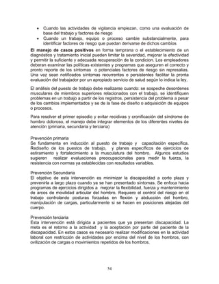 •   Cuando las actividades de vigilancia empiezan, como una evaluación de
       base del trabajo y factores de riesgo
   •   Cuando un trabajo, equipo o proceso cambie substancialmente, para
       identificar factores de riesgo que puedan derivarse de dichos cambios
El manejo de casos positivos en forma temprana o el establecimiento de un
diagnóstico y tratamiento inicial pueden limitar la severidad, mejorar la efectividad
y permitir la suficiente y adecuada recuperación de la condicion. Los empleadores
deberan examinar las políticas existentes y programas que aseguren el correcto y
pronto reporte de los síntomas o potenciales factores de riesgo sin represalias.
Una vez sean notificados síntomas recurrentes o persistentes facilitar la pronta
evaluación del trabajador por un apropiado servicio de salud según lo indica la ley.
El análisis del puesto de trabajo debe realizarse cuando: se sospeche desordenes
musculares de miembros superiores relacionados con el trabajo, se identifiquen
problemas en un trabajo a partir de los registros, persistencia del problema a pesar
de los cambios implementados y se de la fase de diseño o adquisición de equipos
o procesos.
Para resolver el primer episodio y evitar recidivas y cronificación del síndrome de
hombro doloroso, el manejo debe integrar elementos de los diferentes niveles de
atención (primaria, secundaria y terciaria)

Prevención primaria
Se fundamenta en inducción al puesto de trabajo y capacitación específica.
Rediseño de los puestos de trabajo, y planes específicos de ejercicios de
estiramiento y fortalecimiento a la musculatura del hombro. Algunos estudios
sugieren     realizar evaluaciones preocupacionales para medir la fuerza, la
resistencia con normas ya establecidas con resultados variables.

Prevención Secundaria
El objetivo de esta intervención es minimizar la discapacidad a corto plazo y
prevenirla a largo plazo cuando ya se han presentado síntomas. Se enfoca hacia
programas de ejercicios dirigidos a mejorar la flexibilidad, fuerza y mantenimiento
de arcos de movilidad articular del hombro. Requiere el control del riesgo en el
trabajo controlando posturas forzadas en flexión y abducción del hombro,
manipulación de cargas, particularmente si se hacen en posiciones alejadas del
cuerpo.

Prevención terciaria
Esta intervención está dirigida a pacientes que ya presentan discapacidad. La
meta es el retorno a la actividad y la aceptación por parte del paciente de la
discapacidad. En estos casos es necesario realizar modificaciones en la actividad
laboral con restricción de actividades por encima del nivel de los hombros, con
ovilización de cargas o movimientos repetidos de los hombros.




                                         54
 