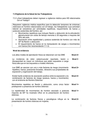 7.3 Vigilancia de la Salud de los Trabajadores

 7.3.1¿Qué trabajadores deben ingresar a vigilancia médica para HD relacionados
      con el Trabajo?

 Requieren vigilancia médica específica para la detección temprana de síntomas
 dolorosos en hombro relacionados con el trabajo, los trabajadores cuya actividad
 laboral se caracteriza por actividades repetitivas, requerimiento de fuerza y
 posturas sostenidas del hombro, así:
    • Movimientos repetitivos que incluyen flexión y abducción de la articulación
        glenohumeral con ciclos de tiempo menores a 30 segundos o mayores del
        50% del ciclo.
    • Asociación entre repetitividad y postura sostenida de hombro con más de
        30º de flexión o abducción.
    • El requerimiento de fuerza en la manipulación de cargas o movimientos
        con fuerza.(Ver recomendación 7.1.3)

 Nivel de evidencia

Los altos niveles de ejercitación física se relacionan con los DME        Nivel 2+

La incidencia de dolor osteomuscular reportado, lesión o                  Nivel 3
discapacidad es mayor en individuos que están expuestos a carga
física alta que en los expuestos a niveles inferiores.

Los DME se asocian con uno o más factores de riesgo (movimiento           Nivel 2+
repetitivo, fuerza, posiciones forzadas, vibración) sus propiedades de
exposición y organización del trabajo.

Existe fuerte evidencia de asociación positiva entre la exposición a la   Nivel 2+
combinación de factores de riesgo (postura, fuerza y movimiento)
con el síndrome de Hombro Doloroso

Movimientos repetidos en flexión y abducción, como único factor           Nivel 1+
predisponen a presencia de hombro doloroso

La repetitividad de movimientos de hombro asociado a posturas             Nivel 1+
mayores de 60º ha mostrado influir en la presentación de hombro
doloroso.

La combinación de factores físicos y psicológicos influye en la           Nivel 2+
presentación de hombro doloroso en mujeres.




                                          56
 