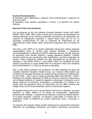 Grado de Recomendación
A asociación para repetitividad y posturas como predisponentes a aparición de
dolor de hombro
B asociación entre factores psicológicos y físicos y la aparición de hombro
doloroso.

Resumen Crítico de la Evidencia

Las conclusiones de los tres institutos (Accredit Standard Comité z365 ANSI,
NIOSH -1997 y NRC 1999 y 2001) indican que la frecuencia de presentación de
síntomas dolorosos en los miembros superiores, las lesiones y la incapacidad, son
mayores en trabajadores expuestos a cargas físicas altas que en los no
expuestos, fundamentando en esto la necesidad de implementar en las
organizaciones donde existan estas condiciones programas para el manejo de
DME.

Vern Putz y cols (1997) en la revisión sistemática hecha para evaluar evidencia
epidemiológica sobre la relación entre factores laborales y desórdenes
musculoesqueleticos, publicada por NIOSH, reportaron que hay una alta evidencia
de asociación entre hombro doloroso y trabajo altamente repetitivo. También
encontró evidencia para asociación entre repetitividad y posturas sostenidas de
hombro. Estas conclusiones también han sido soportadas por los estudios de
Svendsen y cols (2004), Hviid A y cols (2002). Sobre los resultados de estos
estudios se presenta un mayor detalle tanto en el resumen crítico de la evidencia
de la recomendación 7.1.1 como en el marco conceptual).

Cole y Cols (2005) verificaron los predictores de DME utilizando los datos del
Canadian Nacional Population Health Survey, que involucró 2806 adultos que
contestaron la encuesta abreviada de Cuestionario de Contenido de Trabajo entre
los años 1994 – 1995 y que no habían presentado DME antes del 2001 – 2002 y
analizaron los posibles predictores de DME de miembros superiores relacionados
con el trabajo mediante un modelo de regresión multivariado. Concluyeron que el
género femenino, la educación universitaria, la inseguridad en el trabajo y los
niveles altos de ejercitación física se relacionaron con los DME mientras que
trabajar menos de 30 horas semanales mostró una asociación negativa

En aquellas tareas en la que los requerimientos de fuerza son elevados, se puede
presentar un déficit relativo en el tiempo de recuperación, originándose
primariamente molestias y, posteriormente, lesiones a nivel de los tejidos blandos.
Si la fuerza requerida y aplicada es excesiva, puede llegar a la lesión por un
mecanismo directo al afectarse las propias estructuras óseas, musculares y
tendinosas.

Las lesiones del manguito rotador pueden explicarse por mecanismos intrínsecos
(alteración de propiedades intrínsecas del tendón), extrínsecos (pinzamiento


                                        57
 