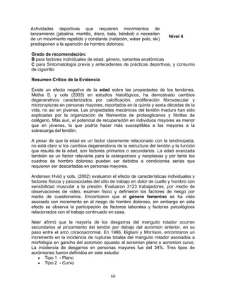 Actividades deportivas que requieren movimientos de
lanzamiento (jabalina, martillo, disco, bala, béisbol) o necesiten
                                                                       Nivel 4
de un movimiento repetido y constante (natación, water polo, ski)
predisponen a la aparición de hombro doloroso.

Grado de recomendación:
B para factores individuales de edad, género, variantes anatómicas
C para Sintomatología previa y antecedentes de prácticas deportivas, y consumo
de cigarrillo

Resumen Crítico de la Evidencia

Existe un efecto negativo de la edad sobre las propiedades de los tendones.
Metha S. y cols (2003) en estudios histológicos, ha demostrado cambios
degenerativos caracterizados por calcificación, proliferación fibrovascular y
microrupturas en personas mayores, reportados en la quinta y sexta décadas de la
vida, no así en jóvenes. Las propiedades mecánicas del tendón maduro han sido
explicadas por la organización de filamentos de proteoglicanos y fibrillas de
colágeno. Más aun, el potencial de recuperación en individuos mayores es menor
que en jóvenes, lo que podría hacer más susceptibles a los mayores a la
sobrecarga del tendón.

A pesar de que la edad es un factor claramente relacionado con la tendinopatía,
no está claro si los cambios degenerativos de la estructura del tendón y la función
que resulta de la edad, son factores primarios o secundarios. La edad avanzada
también es un factor relevante para la osteoporosis y neoplasias y por tanto los
cuadros de hombro doloroso pueden ser debidos a condiciones serias que
requieren ser descartadas en personas mayores.

Andersen Hviid y cols, (2002) evaluaron el efecto de características individuales y
factores físicos y psicosociales del sitio de trabajo en dolor de cuello y hombro con
sensibilidad muscular a la presión. Evaluaron 3123 trabajadores, por medio de
observaciones de video, examen físico y definieron los factores de riesgo por
medio de cuestionarios. Encontraron que el género femenino se ha visto
asociado con incremento en el riesgo de hombro doloroso, sin embargo en este
efecto se observa la participación de factores laborales y factores psicológicos
relacionados con el trabajo continuado en casa.

Neer afirmó que la mayoría de los desgarros del manguito rotador ocurren
secundarios al pinzamiento del tendón por debajo del acromion anterior, en su
paso entre el arco coracoacromial. En 1986, Bigliani y Morrison, encontraron un
incremento en la incidencia de rupturas totales del manguito rotador asociados a
morfología en gancho del acromion opuesto al acromion plano o acromion curvo.
La incidencia de desgarros en personas mayores fue del 34%. Tres tipos de
acrómiones fueron definidos en este estudio:
    • Tipo 1 - Plano
    • Tipo 2 - Curvo


                                         60
 