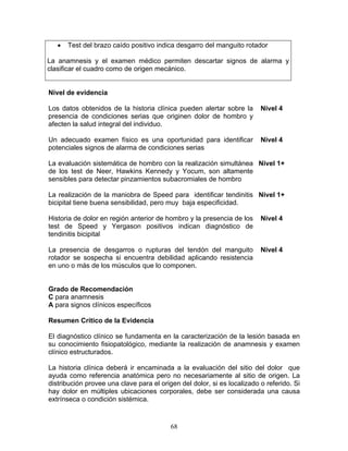 •   Test del brazo caído positivo indica desgarro del manguito rotador

La anamnesis y el examen médico permiten descartar signos de alarma y
clasificar el cuadro como de origen mecánico.


Nivel de evidencia

Los datos obtenidos de la historia clínica pueden alertar sobre la       Nivel 4
presencia de condiciones serias que originen dolor de hombro y
afecten la salud integral del individuo.

Un adecuado examen físico es una oportunidad para identificar            Nivel 4
potenciales signos de alarma de condiciones serias

La evaluación sistemática de hombro con la realización simultánea Nivel 1+
de los test de Neer, Hawkins Kennedy y Yocum, son altamente
sensibles para detectar pinzamientos subacromiales de hombro

La realización de la maniobra de Speed para identificar tendinitis Nivel 1+
bicipital tiene buena sensibilidad, pero muy baja especificidad.

Historia de dolor en región anterior de hombro y la presencia de los     Nivel 4
test de Speed y Yergason positivos indican diagnóstico de
tendinitis bicipital

La presencia de desgarros o rupturas del tendón del manguito             Nivel 4
rotador se sospecha si encuentra debilidad aplicando resistencia
en uno o más de los músculos que lo componen.


Grado de Recomendación
C para anamnesis
A para signos clínicos específicos

Resumen Crítico de la Evidencia

El diagnóstico clínico se fundamenta en la caracterización de la lesión basada en
su conocimiento fisiopatológico, mediante la realización de anamnesis y examen
clínico estructurados.

La historia clínica deberá ir encaminada a la evaluación del sitio del dolor que
ayuda como referencia anatómica pero no necesariamente al sitio de origen. La
distribución provee una clave para el origen del dolor, si es localizado o referido. Si
hay dolor en múltiples ubicaciones corporales, debe ser considerada una causa
extrínseca o condición sistémica.



                                          68
 