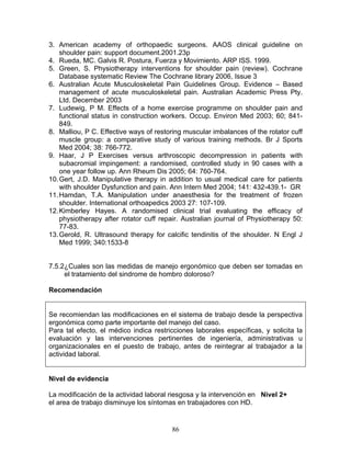 3. American academy of orthopaedic surgeons. AAOS clinical guideline on
    shoulder pain: support document.2001.23p
4. Rueda, MC. Galvis R. Postura, Fuerza y Movimiento. ARP ISS. 1999.
5. Green, S. Physiotherapy interventions for shoulder pain (review). Cochrane
    Database systematic Review The Cochrane library 2006, Issue 3
6. Australian Acute Musculoskeletal Pain Guidelines Group. Evidence – Based
    management of acute musculoskeletal pain. Australian Academic Press Pty.
    Ltd. December 2003
7. Ludewig, P M. Effects of a home exercise programme on shoulder pain and
    functional status in construction workers. Occup. Environ Med 2003; 60; 841-
    849.
8. Malliou, P C. Effective ways of restoring muscular imbalances of the rotator cuff
    muscle group: a comparative study of various training methods. Br J Sports
    Med 2004; 38: 766-772.
9. Haar, J P Exercises versus arthroscopic decompression in patients with
    subacromial impingement: a randomised, controlled study in 90 cases with a
    one year follow up. Ann Rheum Dis 2005; 64: 760-764.
10. Gert, J.D. Manipulative therapy in addition to usual medical care for patients
    with shoulder Dysfunction and pain. Ann Intern Med 2004; 141: 432-439.1- GR
11. Hamdan, T.A. Manipulation under anaesthesia for the treatment of frozen
    shoulder. International orthoapedics 2003 27: 107-109.
12. Kimberley Hayes. A randomised clinical trial evaluating the efficacy of
    physiotherapy after rotator cuff repair. Australian journal of Physiotherapy 50:
    77-83.
13. Gerold, R. Ultrasound therapy for calcific tendinitis of the shoulder. N Engl J
    Med 1999; 340:1533-8


7.5.2¿Cuales son las medidas de manejo ergonómico que deben ser tomadas en
     el tratamiento del sindrome de hombro doloroso?

Recomendación


Se recomiendan las modificaciones en el sistema de trabajo desde la perspectiva
ergonómica como parte importante del manejo del caso.
Para tal efecto, el médico indica restricciones laborales específicas, y solicita la
evaluación y las intervenciones pertinentes de ingeniería, administrativas u
organizacionales en el puesto de trabajo, antes de reintegrar al trabajador a la
actividad laboral.


Nivel de evidencia

La modificación de la actividad laboral riesgosa y la intervención en Nivel 2+
el area de trabajo disminuye los síntomas en trabajadores con HD.


                                        86
 