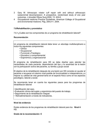3   Gary M. Artroscopic rotator cuff repair with and without arthoscopic
    subacromial decompression: A prospective, randomised study of one year
    outcomes. J shoulder Elbow Surg 2004; 13: 424-6.
4   Occupational medicine Practice Guidelines. American College of Ocupational
    and enviromental medicine. Pág. 209-211. 2004.


7.6 Rehabilitación y pronóstico

7.6.1¿Cuáles son los componentes de un programa de rehabilitación laboral?

Recomendación


Un programa de rehabilitación laboral debe tener un abordaje multidisciplinario e
incluir los siguientes componentes:
        • Clínico
        • Ocupacional
        • Funcional y Fisiológico
        • Educativo y comportamental
        • Ergonómico y organizacional

El programa de rehabilitación para HD se debe diseñar para atender las
necesidades de cada paciente, dependiendo del tipo y la severidad de la lesión
con la participación activa del paciente, su familia y grupo social

El objetivo de la rehabilitación después de una lesión por HD consiste en ayudar al
paciente a recuperar el máximo nivel posible de funcionalidad e independencia y a
mejorar su calidad de vida general tanto en el aspecto físico como en los aspectos
psicológico, laboral y social.

Se recomienda tener en cuenta los siguientes pasos para los programas de
rehabilitación laboral:

• Identificación del caso.
• Evaluación clínica del sujeto y ergonómica del puesto de trabajo.
• Seguimiento de la rehabilitación integral.
• Retroalimentación a través de indicadores.


Nivel de evidencia

Existe evidencia de los programas de rehabilitación laboral para los Nivel 4
HD.

Grado de la recomendación: C



                                        95
 