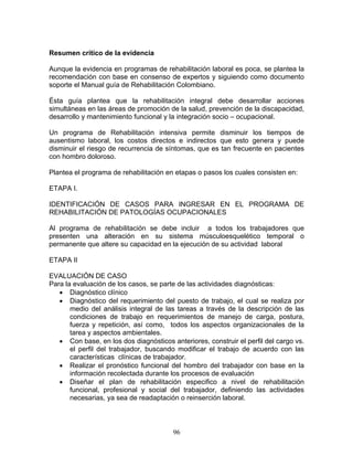 Resumen crítico de la evidencia

Aunque la evidencia en programas de rehabilitación laboral es poca, se plantea la
recomendación con base en consenso de expertos y siguiendo como documento
soporte el Manual guía de Rehabilitación Colombiano.

Ésta guía plantea que la rehabilitación integral debe desarrollar acciones
simultáneas en las áreas de promoción de la salud, prevención de la discapacidad,
desarrollo y mantenimiento funcional y la integración socio – ocupacional.

Un programa de Rehabilitación intensiva permite disminuir los tiempos de
ausentismo laboral, los costos directos e indirectos que esto genera y puede
disminuir el riesgo de recurrencia de síntomas, que es tan frecuente en pacientes
con hombro doloroso.

Plantea el programa de rehabilitación en etapas o pasos los cuales consisten en:

ETAPA I.

IDENTIFICACIÓN DE CASOS PARA INGRESAR EN EL PROGRAMA DE
REHABILITACIÓN DE PATOLOGÍAS OCUPACIONALES

Al programa de rehabilitación se debe incluir a todos los trabajadores que
presenten una alteración en su sistema músculoesquelético temporal o
permanente que altere su capacidad en la ejecución de su actividad laboral

ETAPA II

EVALUACIÓN DE CASO
Para la evaluación de los casos, se parte de las actividades diagnósticas:
   • Diagnóstico clínico
   • Diagnóstico del requerimiento del puesto de trabajo, el cual se realiza por
       medio del análisis integral de las tareas a través de la descripción de las
       condiciones de trabajo en requerimientos de manejo de carga, postura,
       fuerza y repetición, así como, todos los aspectos organizacionales de la
       tarea y aspectos ambientales.
   • Con base, en los dos diagnósticos anteriores, construir el perfil del cargo vs.
       el perfil del trabajador, buscando modificar el trabajo de acuerdo con las
       características clínicas de trabajador.
   • Realizar el pronóstico funcional del hombro del trabajador con base en la
       información recolectada durante los procesos de evaluación
   • Diseñar el plan de rehabilitación especifico a nivel de rehabilitación
       funcional, profesional y social del trabajador, definiendo las actividades
       necesarias, ya sea de readaptación o reinserción laboral.



                                        96
 