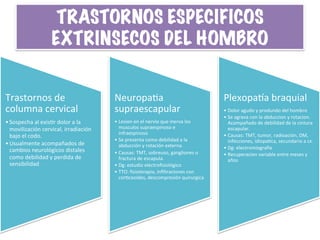 TRASTORNOS ESPECIFICOS
EXTRINSECOS DEL HOMBRO
Trastornos	
  de	
  
columna	
  cervical	
  
• Sospecha	
  al	
  exisHr	
  dolor	
  a	
  la	
  
movilización	
  cervical,	
  irradiación	
  
bajo	
  el	
  codo.	
  	
  
• Usualmente	
  acompañados	
  de	
  
cambios	
  neurológicos	
  distales	
  
como	
  debilidad	
  y	
  perdida	
  de	
  
sensibilidad	
  
NeuropaHa	
  
supraescapular	
  
• Lesion	
  en	
  el	
  nervio	
  que	
  inerva	
  los	
  
musculos	
  supraespinoso	
  e	
  
infraespinoso	
  
• Se	
  presenta	
  como	
  debilidad	
  a	
  la	
  
abducción	
  y	
  rotación	
  externa.	
  
• Causas:	
  TMT,	
  sobreuso,	
  gangliones	
  o	
  
fractura	
  de	
  escapula.	
  
• Dg:	
  estudio	
  electroﬁsiológico	
  
• TTO:	
  ﬁsioterapia,	
  inﬁltraciones	
  con	
  
corHcooides,	
  descompresión	
  quirurgica	
  
Plexopapa	
  braquial	
  
• Dolor	
  agudo	
  y	
  produndo	
  del	
  hombro	
  
• Se	
  agrava	
  con	
  la	
  abduccion	
  y	
  rotacion.	
  
Acompañado	
  de	
  debilidad	
  de	
  la	
  cintura	
  
escapular.	
  
• Causas:	
  TMT,	
  tumor,	
  radioación,	
  DM,	
  
infecciones,	
  idiopaHca,	
  secundario	
  a	
  cx.	
  
• Dg:	
  electromiograﬁa	
  
• Recuperacion	
  variable	
  entre	
  meses	
  y	
  
años	
  
 