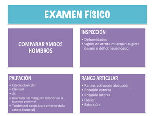 EXAMEN FÍSICO
COMPARAR AMBOS
HOMBROS
INSPECCIÓN
• Deformidades	
  
• Signos	
  de	
  atroﬁa	
  muscular:	
  sugiere	
  
desuso	
  o	
  déﬁcit	
  neurológico.	
  
PALPACIÓN
•  Esternoclavicular	
  
•  Clavícula	
  
•  AC	
  
•  Inserción	
  del	
  manguito	
  rotador	
  en	
  el	
  
humero	
  proximal	
  
•  Tendón	
  del	
  bíceps	
  (cara	
  anterior	
  de	
  la	
  
cabeza	
  humeral)	
  
RANGO ARTICULAR
• Rangos	
  acHvos	
  de	
  abducción	
  
• Rotación	
  externa	
  
• Rotación	
  interna	
  
• Flexión	
  
• Extensión	
  
 