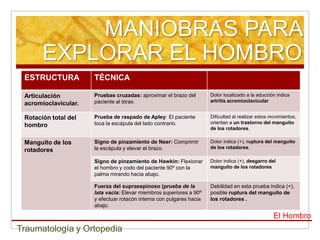 MANIOBRAS PARA
       EXPLORAR EL HOMBRO
 ESTRUCTURA           TÉCNICA

 Articulación         Pruebas cruzadas: aproximar el brazo del        Dolor localizado a la aducción indica
                      paciente al tórax.                              artritis acromioclavicular
 acromioclavicular.

 Rotación total del   Prueba de raspado de Apley: El paciente         Dificultad al realizar estos movimientos,
                      toca la escápula del lado contrario.            orientan a un trastorno del manguito
 hombro                                                               de los rotadores.

 Manguito de los      Signo de pinzamiento de Neer: Comprimir         Dolor indica (+), ruptura del manguito
                      la escápula y elevar el brazo.                  de los rotadores.
 rotadores
                      Signo de pinzamiento de Hawkin: Flexionar       Dolor indica (+), desgarro del
                      el hombro y codo del paciente 90º con la        manguito de los rotadores
                      palma mirando hacia abajo.

                      Fuerza del supraespinoso (prueba de la          Debilidad en esta prueba indica (+),
                      lata vacia: Elevar miembros superiores a 90º    posible ruptura del manguito de
                      y efectuar rotacón interna con pulgares hacia   los rotadores .
                      abajo.

                                                                                                    El Hombro
Traumatología y Ortopedia
 