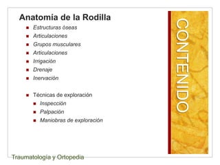Anatomía de la Rodilla




                                       CONTENIDO
       Estructuras óseas
       Articulaciones
       Grupos musculares
       Articulaciones
       Irrigación
       Drenaje
       Inervación


       Técnicas de exploración
           Inspección
           Palpación
           Maniobras de exploración




Traumatología y Ortopedia
 