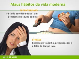 12
Maus hábitos da vida moderna
STRESSE
Excesso de trabalho, preocupações e
a falta de tempo livre
SEDENTARISMO
Falta de atividade física - um
problema de saúde pública
 