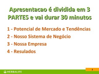 2
1 - Potencial de Mercado e Tendências
2 - Nosso Sistema de Negócio
3 - Nossa Empresa
4 - Resulados
Apresentacao é dividida em 3Apresentacao é dividida em 3
PARTES e vai durar 30 minutosPARTES e vai durar 30 minutos
 