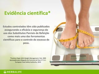 40
Estudos controlados têm sido publicados
assegurando a eficácia e segurança do
uso dos Substitutos Parciais de Refeição
como mais uma das ferramentas
científicas para o controle do excesso de
peso.
*Position Paper ADA Weight Management, Feb. 2009
Aprovação para Alegação de Controle de Peso E F S A -
European Food Safety Authority, 2010
Evidência científica*
 