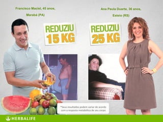 42
*Seus resultados podem variar de acordo
com a resposta metabólica de seu corpo
Francisco Maciel, 45 anos,
Marabá (PA)
Ana Paula Duarte, 36 anos,
Esteio (RS)
 