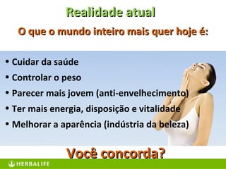 Realidade atualRealidade atual
O que o mundo inteiro mais quer hoje é:O que o mundo inteiro mais quer hoje é:
• Cuidar da saúde
• Controlar o peso
• Parecer mais jovem (anti-envelhecimento)
• Ter mais energia, disposição e vitalidade
• Melhorar a aparência (indústria da beleza)
Você concorda?Você concorda?
 