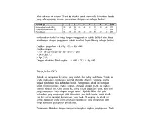 Maka ukuran lot sebesar 75 unit ini dipakai untuk memenuhi kebutuhan bersih
yang ada sepanjang horizon perencanaan dengan cara sebagai berikut :
Periode ( t ) 1 2 3 4 5 6 7 8 9 Total
Kebutuhan bersih (Rt) 20 40 30 10 40 0 55 20 40 255
Kuantitas Pemesanan Xt 75 75 75 75 300
Persediaan 55 15 60 50 10 10 30 10 45 285
berdasarkan skedul lot sizing dengan menggunakan teknik EOQ di atas, biaya
sehubungan dengan penggunaan teknik tersebut dapat dihitung sebagai berikut
:
Ongkos pengadaan = 4 x Rp. 100,- = Rp. 400
Ongkos simpan
= (55+15+60+50+10+10+30+10+45) = 285
= 285 x Rp. 1,-
= Rp. 285,-
Dengan demikian Total ongkos = 400 + 285 = Rp. 685
3) Lot for Lot (LFL)
Teknik ini merupakan lot sizing yang mudah dan paling sederhana. Teknik ini
selalu melakukan perhitungan kembali (bersifat dinamis) terutama apabila
terjadi perubahan pada kebutuhan bersih. Penggunaan teknik ini bertujuan
untuk meminimumkan ongkos simpan, sehingga dengan teknik ini ongkos
simpan menjadi nol. Oleh karena itu, sering sekali digunakan untuk item-item
yang mempunyai biaya simpan sangat mahal. Apabila dilihat dari pola
kebutuhan yang mempunyai sifat diskontinu atau tidak teratur, maka teknik
Lot for Lot ini memiliki kemampuan yang baik. Di samping itu teknik ini
sering digunakan pada sistem produksi manufaktur yang mempunyai sifat
setup permanen pada proses produksinya.
Pemesanan dilakukan dengan mempertimbangkan ongkos penyimpanan. Pada
 