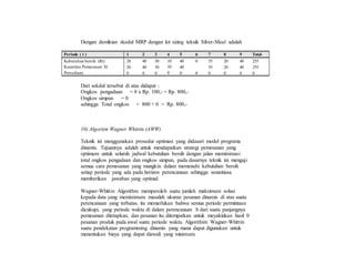 Dengan demikian skedul MRP dengan lot sizing teknik Silver-Meal adalah
Periode ( t ) 1 2 3 4 5 6 7 8 9 Total
Kebutuhan bersih (Rt) 20 40 30 10 40 0 55 20 40 255
Kuantitas Pemesanan Xt 20 40 30 10 40 55 20 40 255
Persediaan 0 0 0 0 0 0 0 0 0 0
Dari sekdul tersebut di atas didapat :
Ongkos pengadaan = 8 x Rp. 100,- = Rp. 800,-
Ongkos simpan = 0
sehingga Total ongkos = 800 + 0 = Rp. 800,-
10) Algoritm Wagner Whittin (AWW)
Teknik ini menggunakan prosedur optimasi yang didasari model programa
dinamis. Tujuannya adalah untuk mendapatkan strategi pemesanan yang
optimum untuk seluruh jadwal kebutuhan bersih dengan jalan meminimasi
total ongkos pengadaan dan ongkos simpan, pada dasarnya teknik ini menguji
semua cara pemesanan yang mungkin dalam memenuhi kebutuhan bersih
setiap periode yang ada pada horizon perencanaan sehingga senantiasa
memberikan jawaban yang optimal.
Wagner-Whittin Algorithm memperoleh suatu jumlah maksimum solusi
kepada data yang meminimum masalah ukuran pesanan dinamis di atas suatu
perencanaan yang terbatas. itu memerlukan bahwa semua periode permintaan
dicukupi, yang periode waktu di dalam perencanaan b dari suatu panjangnya
pemesanan ditetapkan, dan pesanan itu ditempatkan untuk meyakinkan hasil 0
pesanan produk pada awal suatu periode waktu. Algorithim Wagner-Whittin
suatu pendekatan programming dinamis yang mana dapat digunakan untuk
menentukan biaya yang dapat diawali yang minimum.
 